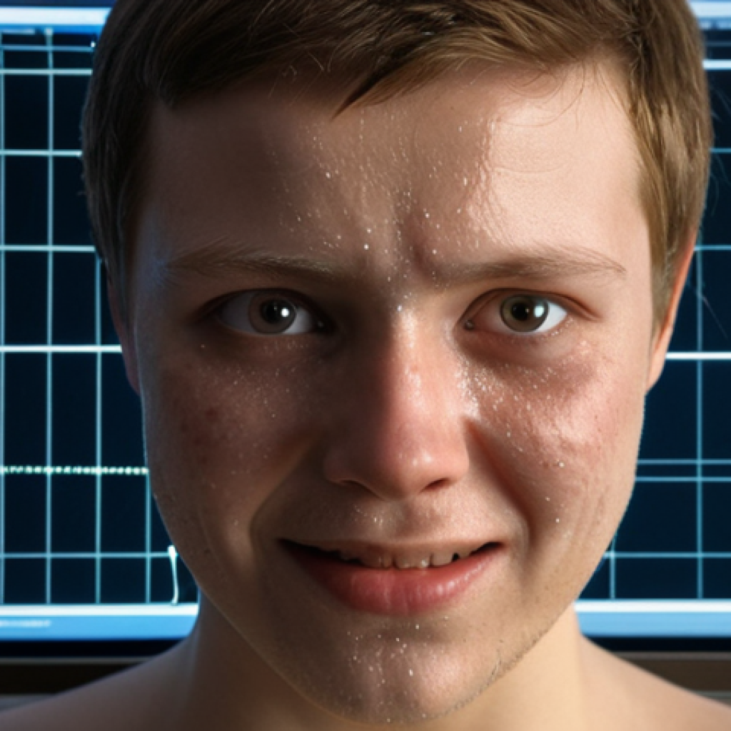 **

Close-up of a human face undergoing real-time facial expression recognition via OpenCV. Display an overlay showing detected facial features and the predicted emotion (e.g., "Happy," "Sad," "Angry"). Background: blurred computer code and UI elements, hinting at the programming behind the system. Lighting: soft, natural light on the face, contrasted with the glow of the screen.

**