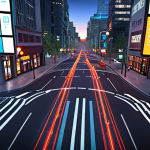 **A futuristic smart city intersection at twilight.** Computer Vision (CV) cameras and IoT sensors form an "invisible eye," subtly represented by glowing digital data streams and network lines overlaying buildings and roads. Autonomous vehicles flow smoothly, and traffic lights intelligently adapt to real-time conditions. The scene evokes a sense of seamless urban optimization, efficiency, and safety, with a vibrant, high-tech, and clean aesthetic.