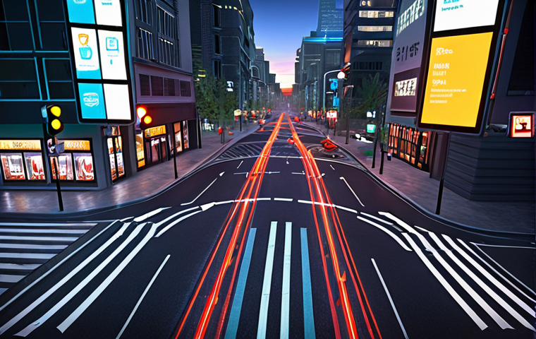**A futuristic smart city intersection at twilight.** Computer Vision (CV) cameras and IoT sensors form an "invisible eye," subtly represented by glowing digital data streams and network lines overlaying buildings and roads. Autonomous vehicles flow smoothly, and traffic lights intelligently adapt to real-time conditions. The scene evokes a sense of seamless urban optimization, efficiency, and safety, with a vibrant, high-tech, and clean aesthetic.
