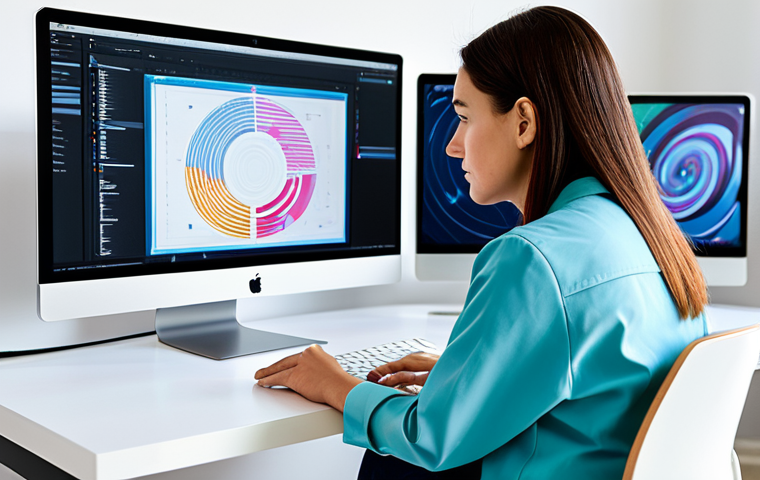 A professional female graphic designer, wearing a stylish yet modest business casual outfit, fully clothed, appropriate attire. She is sitting at a modern, ergonomic desk in a brightly lit, clean design studio. A large, sleek monitor displays abstract, colorful patterns, hinting at AI-generated art, and a second smaller screen shows text prompts. She looks thoughtfully at the main screen, perhaps holding a stylus, engaged in a creative process. Perfect anatomy, correct proportions, natural pose, well-formed hands, proper finger count, natural body proportions. Professional photography, high resolution, artistic composition, sharp focus, vibrant colors, studio lighting. safe for work, appropriate content, fully clothed, professional, modest.