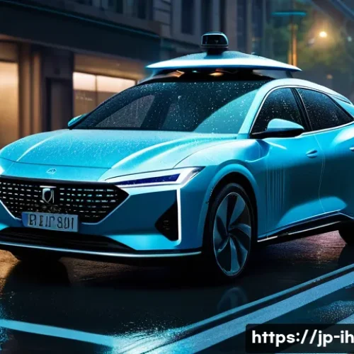 자율주행차에 필요한 컴퓨터 비전 기술 - A futuristic autonomous car driving on a rainy urban street at night, equipped with multiple high-re...