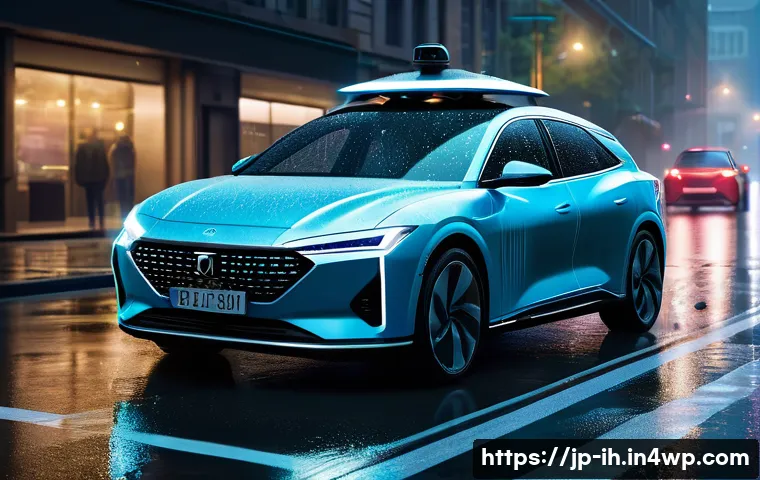 자율주행차에 필요한 컴퓨터 비전 기술 - A futuristic autonomous car driving on a rainy urban street at night, equipped with multiple high-re...