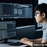 OpenCV로 웹캠을 이용한 얼굴 인식 구현 - A modern workspace scene featuring a young Japanese software developer sitting at a clean desk with ...