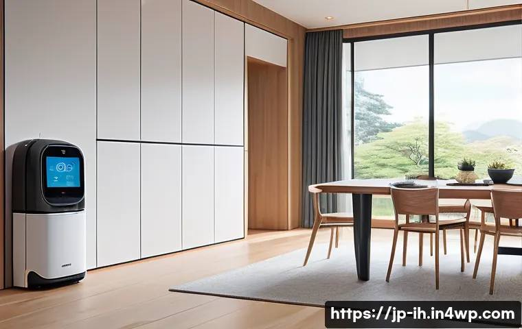 이미지에서의 패턴 인식 기술 사례 분석 - A modern Japanese living room featuring a smart home environment with a sleek cleaning robot navigat...