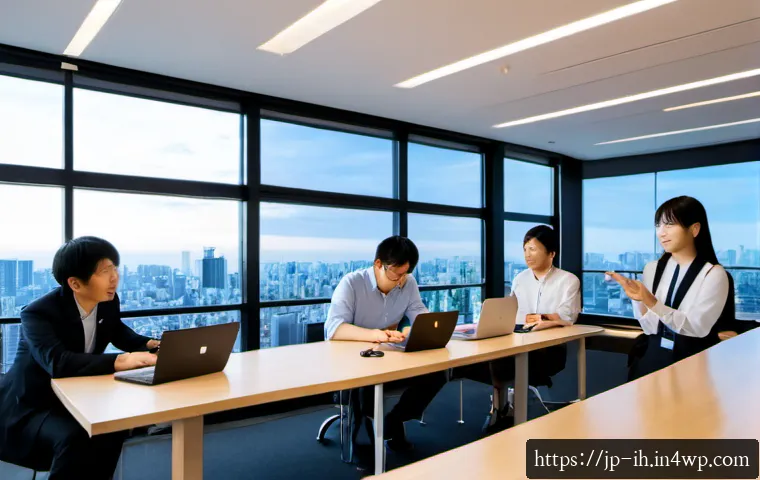 비전 프로젝트에서의 시스템 통합 방법 - Photorealistic Japanese technology company integration workshop, diverse engineers gathered around a...